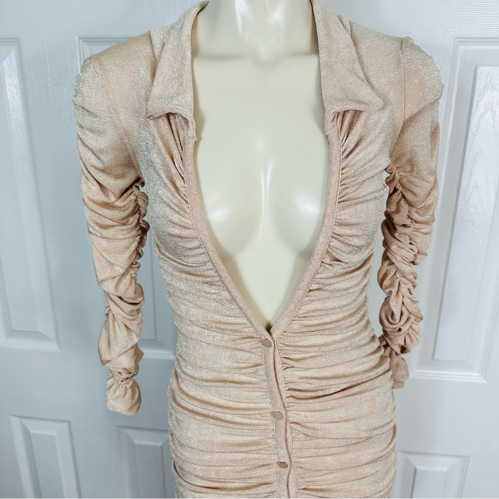 PRETTYLITTLETHING nude acetate slinky longsleeve rushed midaxi shirt dress 4 - Picture 2 of 11